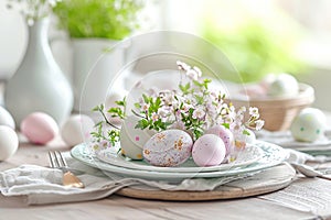a delicate Easter table setting composition with colored eggs,light dishes and spring flowers, the concept of Easter design and