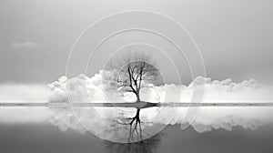 Delicate Fantasy: Black And White Photograph Of A Lone White Tree At The Lake