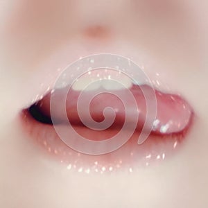 Delicate female lips with protruding tongue. A sexy image of a natural mouth.