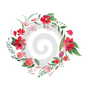 Delicate floral coronet made of pink and red flowers and leaves hand-drawn with watercolor photo