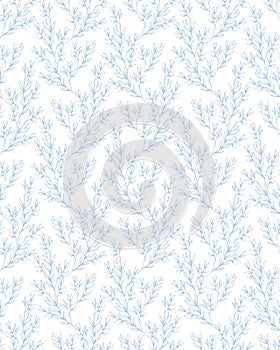 Delicate Floral Repeatable Vector Pattern. Blue Twigs and Leaves.