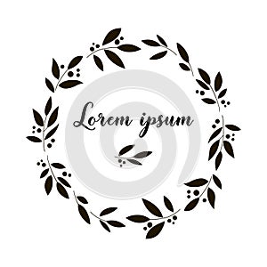 Delicate floral round frame with space for text. Black and white vector template