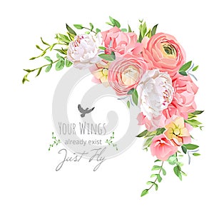 Delicate floral vector frame with bright ranunculus, peony, rose, carnation, green plants on white photo