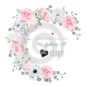 Delicate floral vector round frame with flowers on white