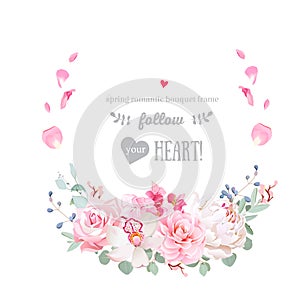 Delicate floral vector round frame with wedding flowers