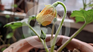 A delicate flower blooming on top of a mature zucchini plant soon to be followed by a tasty vegetable photo