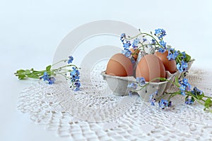 Delicate flowers of blue forget-me-nots with chicken eggs in a package on a white openwork napkin, light background, side view