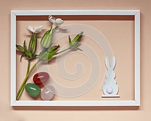 Flowers composition with blank frame for text on pastel background. Birthday Easter Mother`s day Women`s Day Valentine