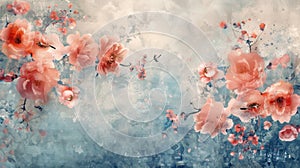 Delicate flowers and leaves are depicted in serene shades of pink and blue in a series of soft pastel watercolor paintings