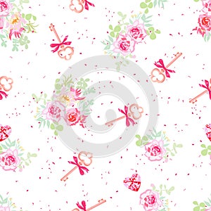 Delicate flowers and old keys with bows seamless vector pattern