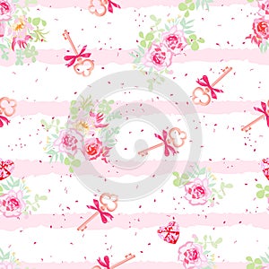 Delicate flowers and old keys with bows seamless vector pattern