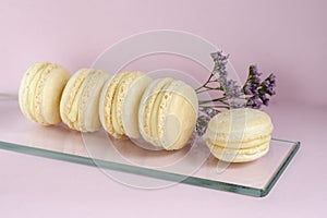 Delicate French macaroons. Homemade production. Lavender flower.