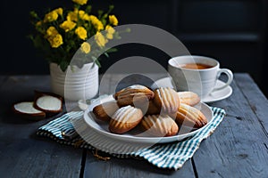 Delicate French pastries, madeleines, beautifully presented on kitchen table
