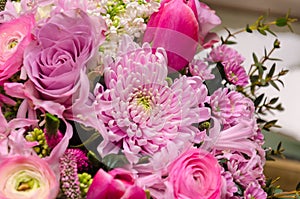 Delicate fresh bouquet of fresh flowers with pink Ranunculus, rose, astra and chrysanthemum.