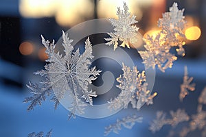 Delicate Frost Crystals Forming Intricate Patterns on a Cold Window Glass in Winter Season Beauty