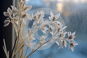 delicate frost flowers on a frozen window pane