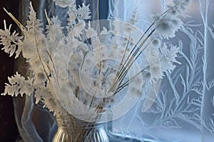 delicate frost flowers on a frozen window pane