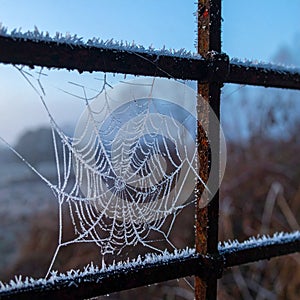 Delicate Frosted Cobweb on a Cold Winter Morning