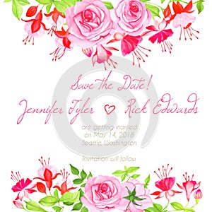 Delicate fuchsia, roses floral design frame vector element