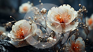 Delicate Gold-detailed White And Orange Flowers: A Meticulous Vray Tracing Fantasy