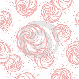 Delicate hand-drawn marshmallow seamless pattern in soft pink color. High-detailed vector artwork isolated. Sweet delights.