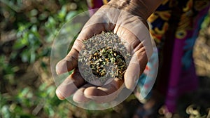 A delicate hand holding a handful of dried herbs used for centuries in traditional medicine for their healing properties