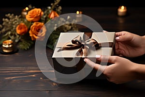 Delicate hands grasp gift card, box atop black wooden table. Elegant display.