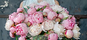 The delicate hands of a woman cradle an opulent bouquet of peonies