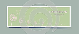 Delicate horizontal banner with dandelion flower. Pink plant silhouette on a grassy green background. With space for