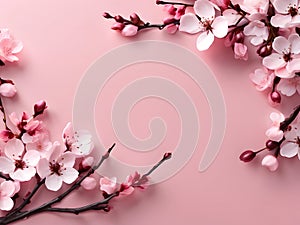Delicate Pink Cherry Blossoms Frame on Soft Pink Background photo