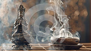 Delicate incense smoke swirls around an ornate bronze acupuncture statue symbolizing the ancient origins of the practice photo