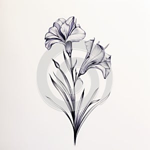 Delicate Ink Drawing Of Iris And Campanula Flowers