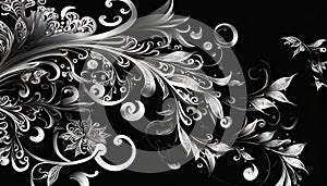 Delicate intricate filigree detailed silver design on black background. Floral pattern texture metal element. Ornate tattoo art.