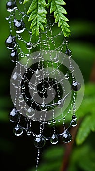 The delicate, intricate texture of a spider's web, with strands of silk glistening in the morni