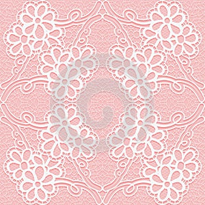 Delicate lace pattern on a pink background. Seamless floral ornament.