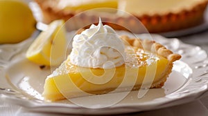 A delicate lemon tart flaky crust filled with tangy lemon curd and topped with a dollop of fresh whipped cream photo