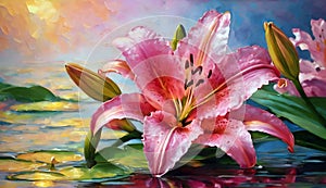 delicate lilies in a pond painted in oil with beautiful butterflies