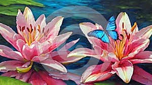 delicate lilies in a pond painted in oil with beautiful butterflies