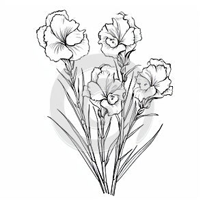 Delicate Line Drawing Of Black And White Flowers On White Background