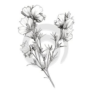Delicate Line Drawing Of Herbal Flower On White Background