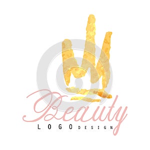 Delicate logo original design for cosmetics shop or boutique with abstract golden crown. Label with gentle colors.