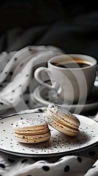 A delicate macaron with a coffee powder dusting, placed on an elegant white plate and set against the backdrop