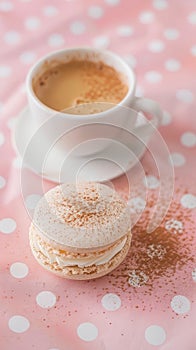 A delicate macaron with a coffee powder dusting, placed on an elegant white plate and set against the backdrop