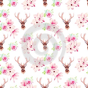 Delicate magnolia flowers and deer seamless vector print