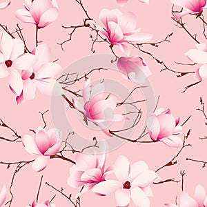 Delicate magnolia flowers pink seamless vector pattern