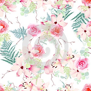 Delicate magnolia, lilies, roses seamless vector pattern