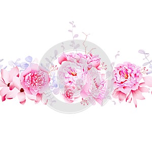 Delicate magnolia and peonies seamless vector horizontal banner