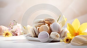 Delicate Mascarpone Cakes in Pastel Colors with Yellow Spring Flowers