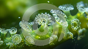 A delicate microorganism with a translucent body adorned with intricate frills and tentacles can be seen drifting lazily