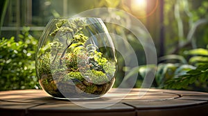 A delicate miniature forest terrarium captures a tranquil natural scene within a clear glass vessel, bathed in the warm